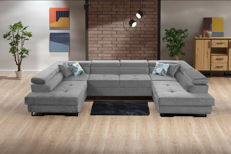 Grey Plush Velvet U-Shaped Corner Sofa Bed with Ottoman Storage Furniture Home